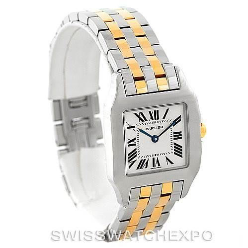 The image shows a Santos Demoiselle watch by Cartier viewed from an angled perspective, displaying the face, bezel, and two-tone bracelet.