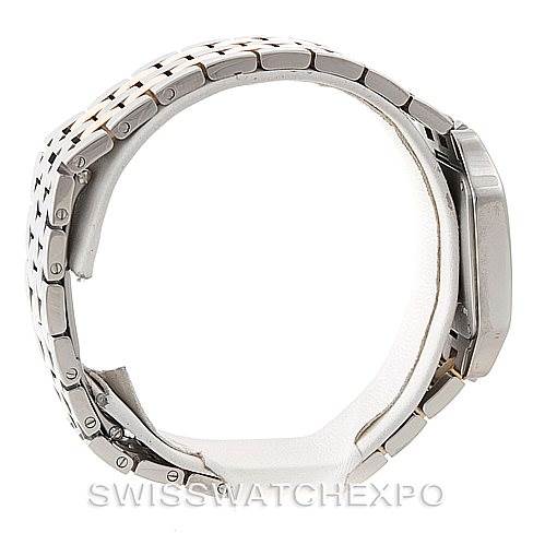 The image shows a side view of the Cartier Santos Demoiselle W25067Z6 Women's Steel and Gold (two tone) Silver Dial W25067Z6 Women's Steel and Gold (two tone) Silver Dial watch, highlighting the bracelet and the side profile of the case.