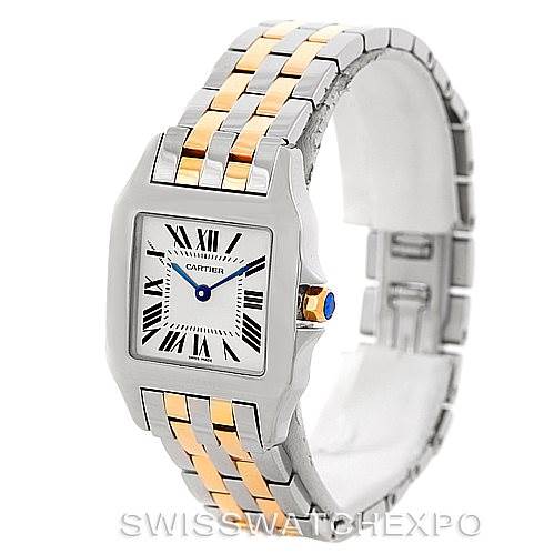 The image shows a Cartier Santos Demoiselle W25067Z6 Women's Steel and Gold (two tone) Silver Dial W25067Z6 Women's Steel and Gold (two tone) Silver Dial watch at a three-quarter angle, highlighting its two-tone bracelet and square face.