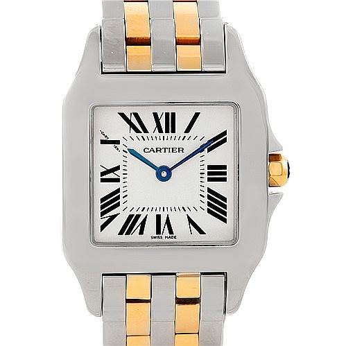 The image shows a frontal view of the Cartier Santos Demoiselle W25067Z6 Women's Steel and Gold (two tone) Silver Dial W25067Z6 Women's Steel and Gold (two tone) Silver Dial watch, highlighting its face, bezel, and part of the strap.