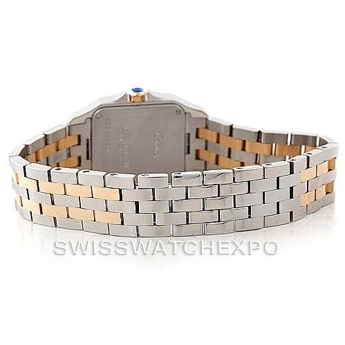 The image shows the back view of a Cartier Santos Demoiselle W25067Z6 Women's Steel and Gold (two tone) Silver Dial W25067Z6 Women's Steel and Gold (two tone) Silver Dial watch, highlighting its two-tone metal bracelet.