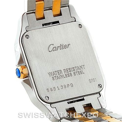 The image shows the back case of a Cartier Santos Demoiselle W25067Z6 Women's Steel and Gold (two tone) Silver Dial W25067Z6 Women's Steel and Gold (two tone) Silver Dial watch, highlighting the stainless steel back and part of the two-tone bracelet.