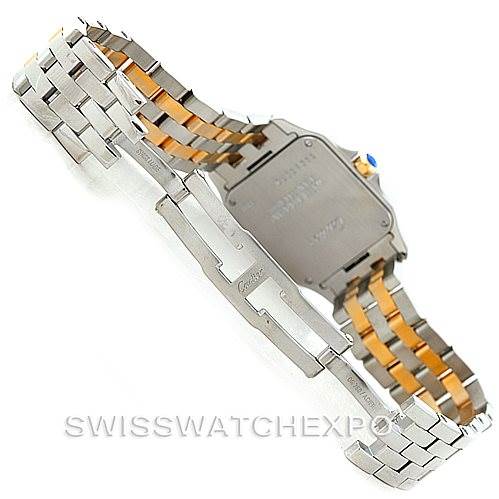 The image shows the back view of a Cartier Santos Demoiselle W25067Z6 Women's Steel and Gold (two tone) Silver Dial W25067Z6 Women's Steel and Gold (two tone) Silver Dial watch, highlighting its two-tone bracelet and clasp.