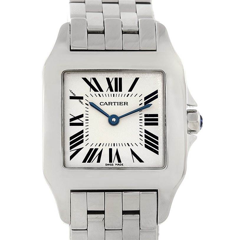 This image shows a front view of the Cartier Santos Demoiselle W25065Z5 Women
s Stainless Steel Silver Dial W25065Z5 Women
s Stainless Steel Silver Dial watch, highlighting its face, bracelet, and crown.