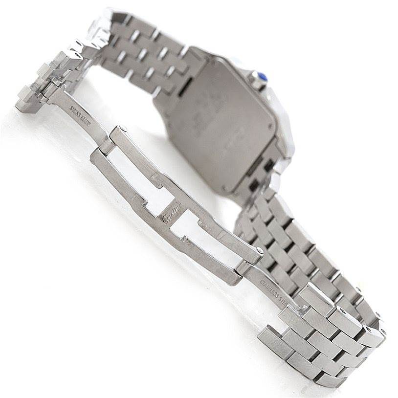 The image shows the back and clasp of the Cartier Santos Demoiselle W25065Z5 Women
s Stainless Steel Silver Dial W25065Z5 Women
s Stainless Steel Silver Dial watch, highlighting its stainless steel bracelet.