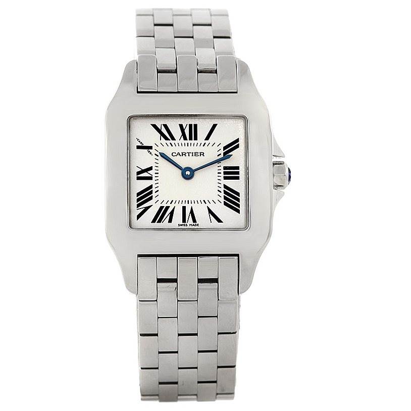 The image shows a front view of the Cartier Santos Demoiselle W25065Z5 Women
s Stainless Steel Silver Dial W25065Z5 Women
s Stainless Steel Silver Dial watch, highlighting the face, bezel, and bracelet.