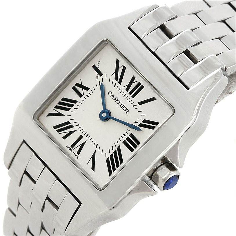 The image shows a Cartier Santos Demoiselle W25065Z5 Women
s Stainless Steel Silver Dial W25065Z5 Women
s Stainless Steel Silver Dial watch from a front angle highlighting the face, bezel, and bracelet.
