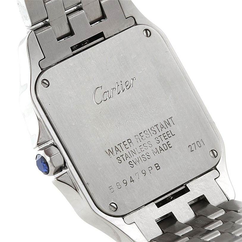 The image shows the stainless steel case back and part of the bracelet of the Cartier Santos Demoiselle W25065Z5 Women
s Stainless Steel Silver Dial W25065Z5 Women
s Stainless Steel Silver Dial model.