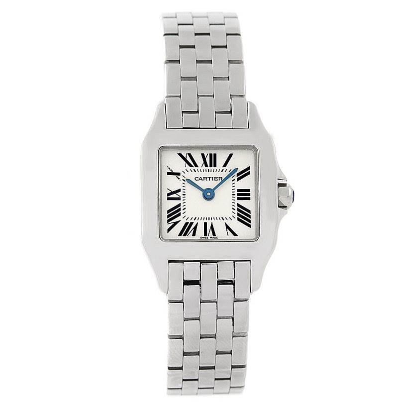 This image shows a front view of the Cartier Santos Demoiselle W25064Z5 Women's Stainless Steel Silver Dial W25064Z5 Women's Stainless Steel Silver Dial watch, including its face, bezel, and metal bracelet.