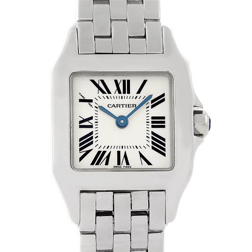 The Cartier Santos Demoiselle W25064Z5 Women's Stainless Steel Silver Dial W25064Z5 Women's Stainless Steel Silver Dial watch is shown from a front angle, highlighting its face, bezel, and part of the bracelet.