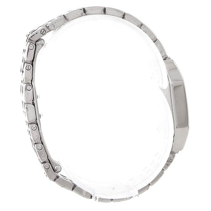 The image shows a side view of the Santos Demoiselle watch by Cartier, focusing on the bracelet and case.