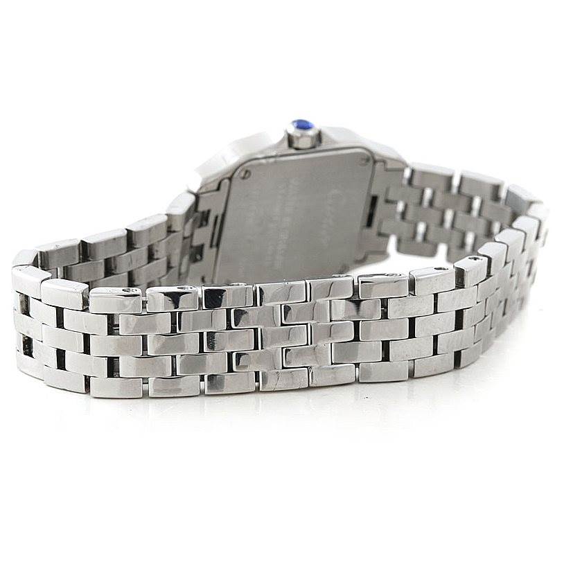 The image shows the rear view of a Santos Demoiselle model by Cartier, focusing on the back case and metal bracelet.