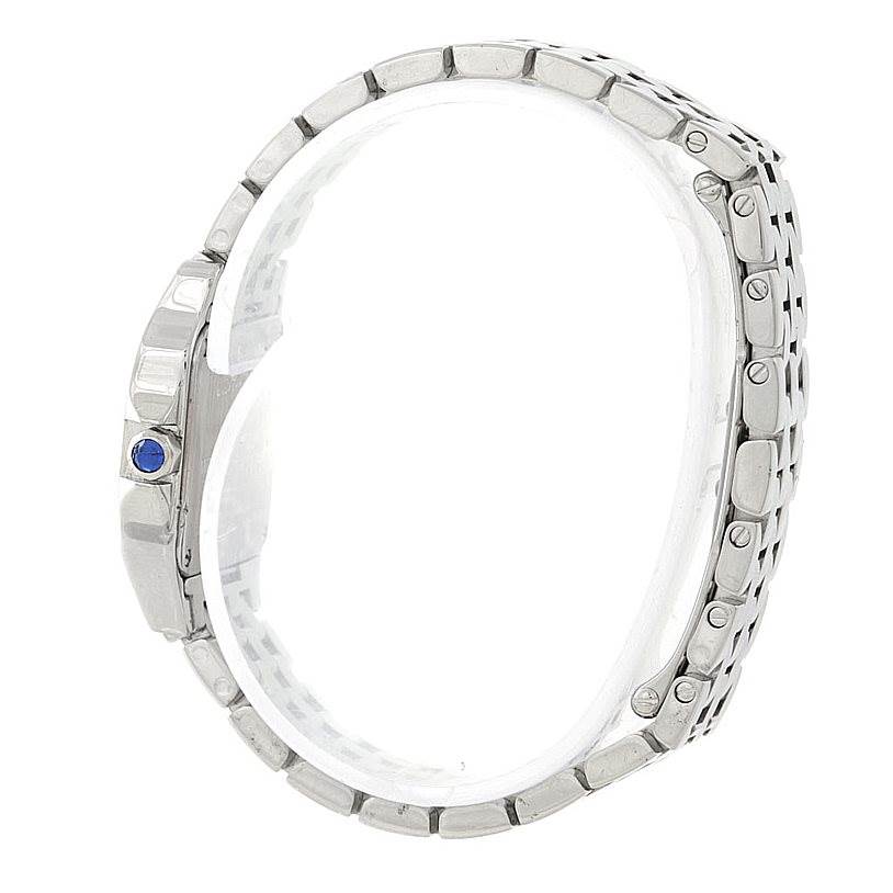 This image shows a side view of the Cartier Santos Demoiselle W25064Z5 Women's Stainless Steel Silver Dial W25064Z5 Women's Stainless Steel Silver Dial watch, highlighting its metal band and blue cabochon crown.
