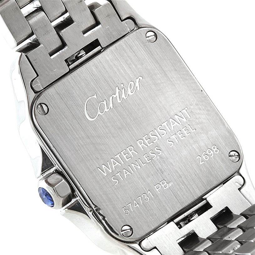 This image shows the case back and part of the bracelet of a Cartier Santos Demoiselle W25064Z5 Women's Stainless Steel Silver Dial W25064Z5 Women's Stainless Steel Silver Dial watch.