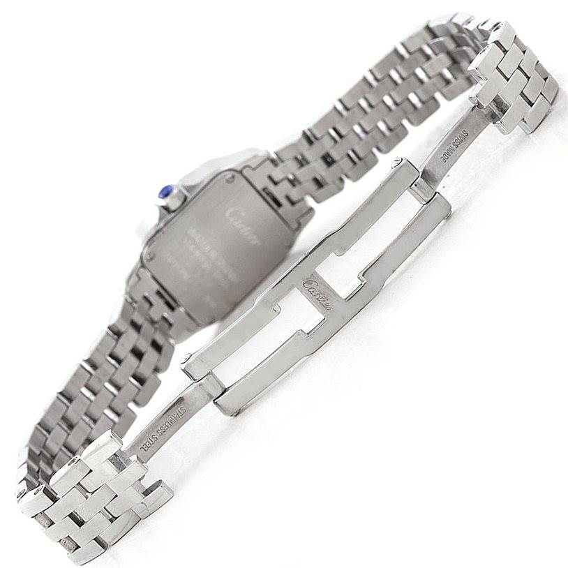 The image shows the open bracelet of a Cartier Santos Demoiselle W25064Z5 Women's Stainless Steel Silver Dial W25064Z5 Women's Stainless Steel Silver Dial watch, including the clasp and the back case.