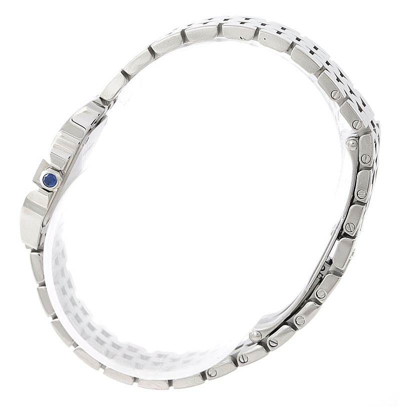 The image shows a side profile of the Santos Demoiselle watch by Cartier, focusing on the bracelet and case with a visible crown.