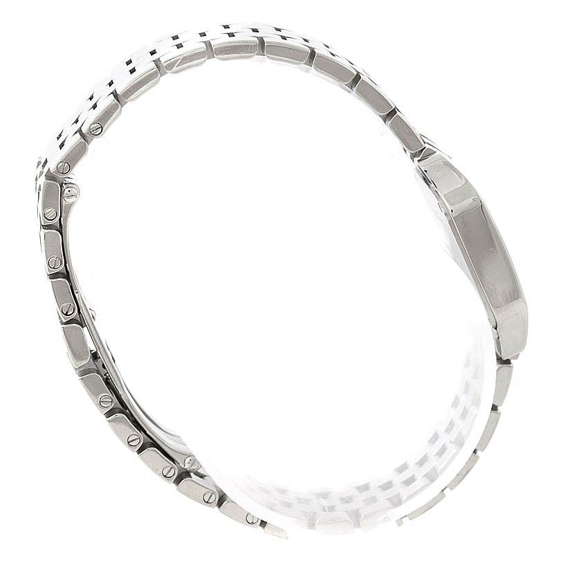 The image shows a side profile view of the bracelet and case of a Santos Demoiselle model by Cartier.