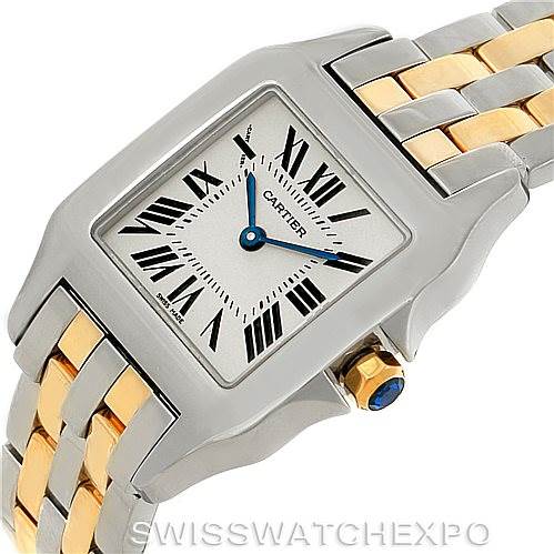 The image shows the front and side angle of the Santos Demoiselle model by Cartier, highlighting the face, bezel, and part of the bracelet.