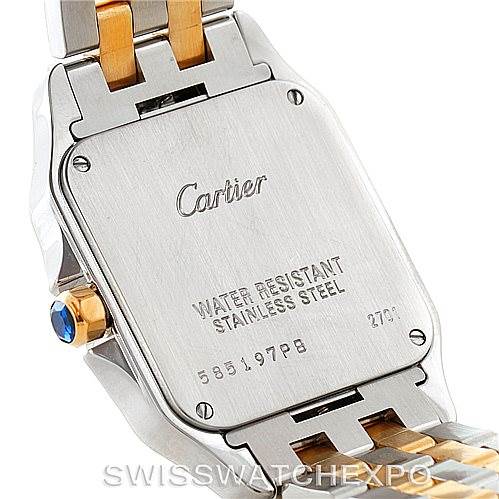 The image shows the back case of a Santos Demoiselle watch by Cartier, displaying details such as "Water Resistant" and "Stainless Steel."