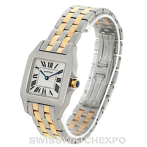This image shows a Cartier Santos Demoiselle W25067Z6 Women's Steel and Gold (two tone) Silver Dial W25067Z6 Women's Steel and Gold (two tone) Silver Dial watch at a three-quarter angle, highlighting its face, two-tone bracelet, and crown.
