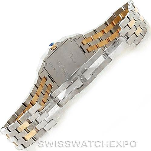 The image shows the back case and bracelet of the Cartier Santos Demoiselle W25067Z6 Women's Steel and Gold (two tone) Silver Dial W25067Z6 Women's Steel and Gold (two tone) Silver Dial watch at a rear angle.