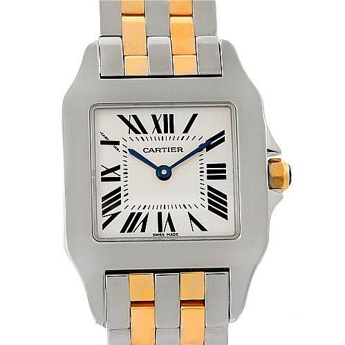 This image shows the front view of a Cartier Santos Demoiselle watch, featuring a two-tone stainless steel and gold bracelet.