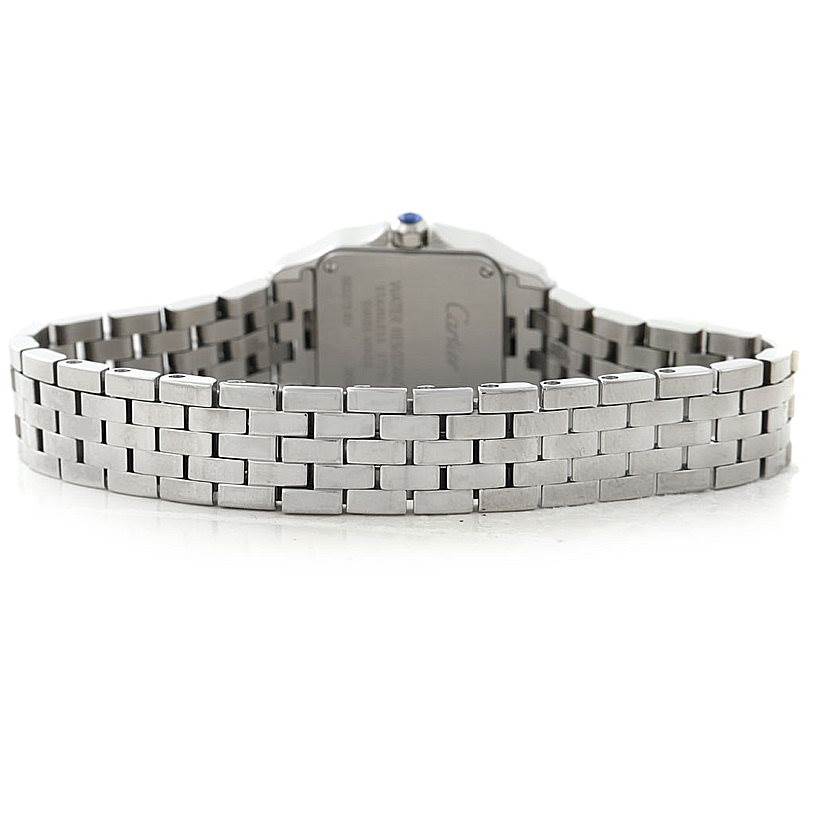 The image shows the back view of the Cartier Santos Demoiselle W25064Z5 Women's Stainless Steel Silver Dial W25064Z5 Women's Stainless Steel Silver Dial watch, highlighting its stainless steel bracelet and case back.