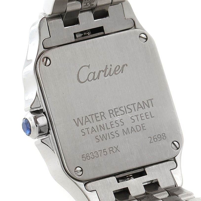 The image shows the back case of a Cartier Santos Demoiselle W25064Z5 Women's Stainless Steel Silver Dial W25064Z5 Women's Stainless Steel Silver Dial watch, highlighting its water resistance, stainless steel material, and Swiss make.