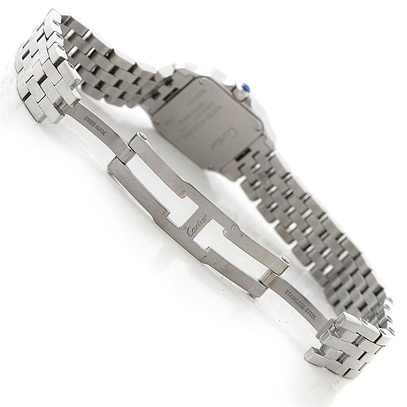 The image shows the back and stainless steel bracelet clasp of the Cartier Santos Demoiselle W25064Z5 Women's Stainless Steel Silver Dial W25064Z5 Women's Stainless Steel Silver Dial watch.