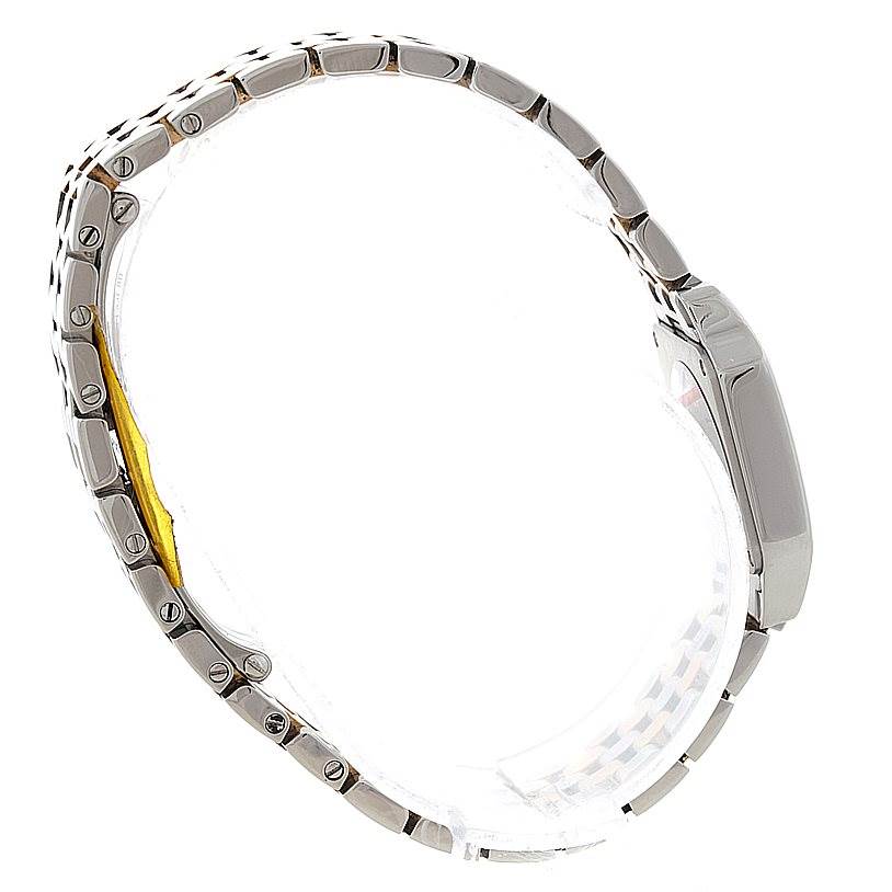 The image shows a side view of the Santos Demoiselle watch by Cartier, highlighting its bracelet and case profile.