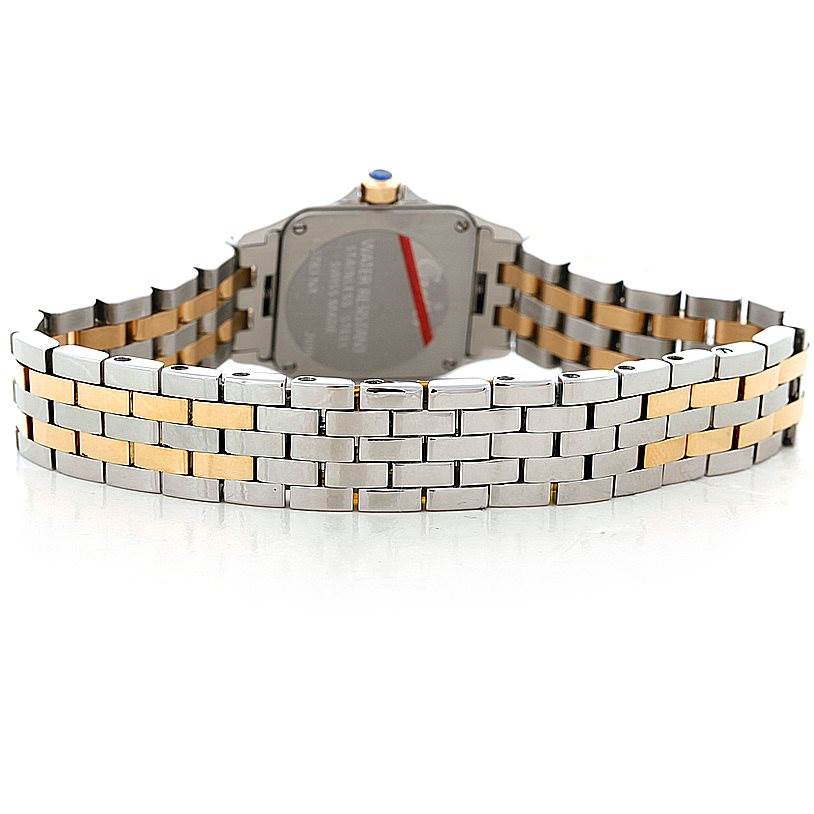 This image shows the back view of the Cartier Santos Demoiselle W25066Z6 Women's Steel and Gold (two tone) Silver Dial W25066Z6 Women's Steel and Gold (two tone) Silver Dial watch, highlighting its two-tone metal bracelet and case back.