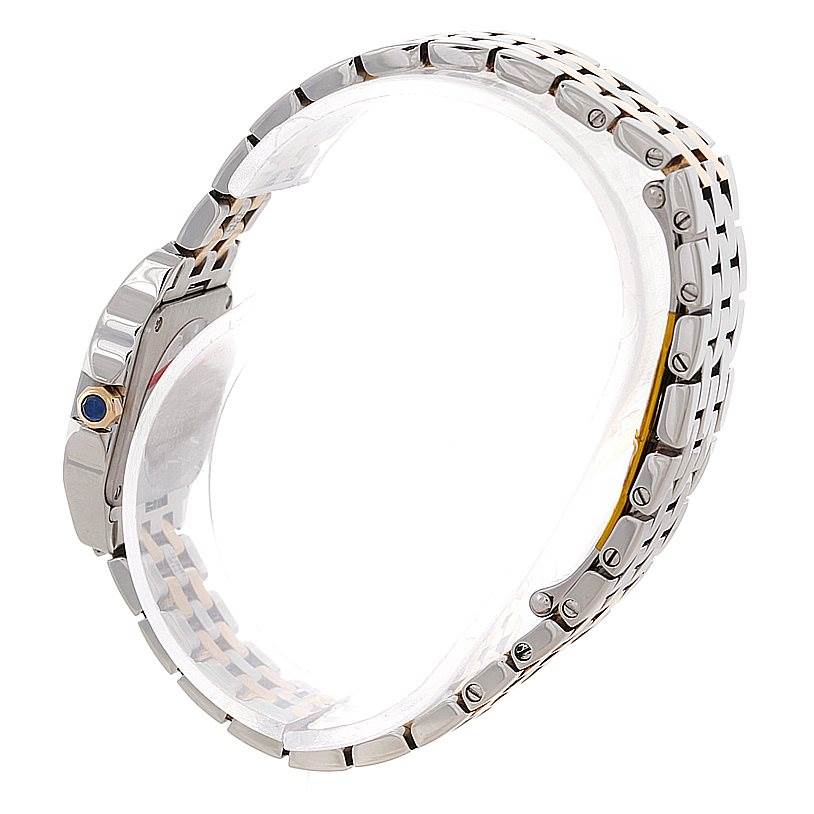 This image shows a side profile of the Santos Demoiselle by Cartier, highlighting the bracelet and crown.