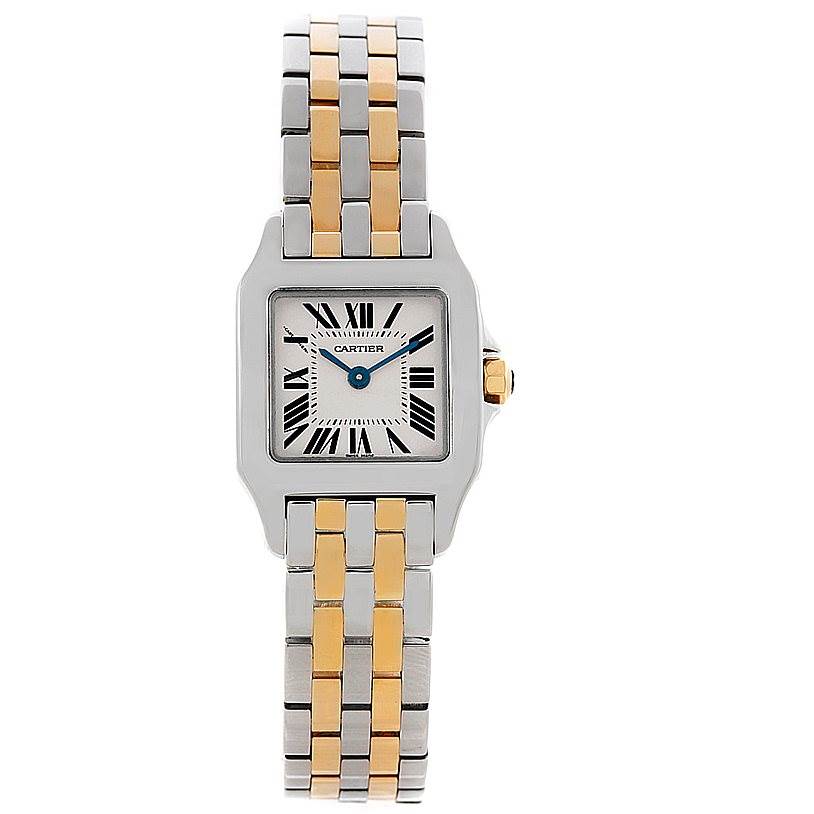 The image shows a Cartier Santos Demoiselle W25066Z6 Women's Steel and Gold (two tone) Silver Dial W25066Z6 Women's Steel and Gold (two tone) Silver Dial watch from a front view, displaying the entire face and the two-tone metal bracelet.
