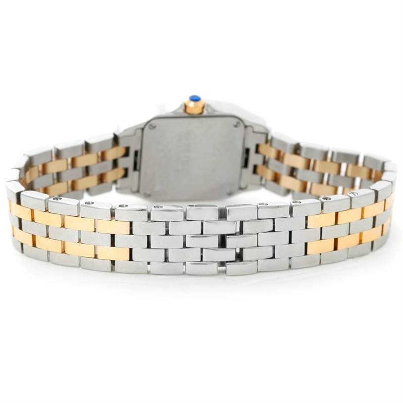 The Cartier Santos Demoiselle W25066Z6 Women's Steel and Gold (two tone) Silver Dial W25066Z6 Women's Steel and Gold (two tone) Silver Dial watch is shown from the back, highlighting the bracelet and case back.