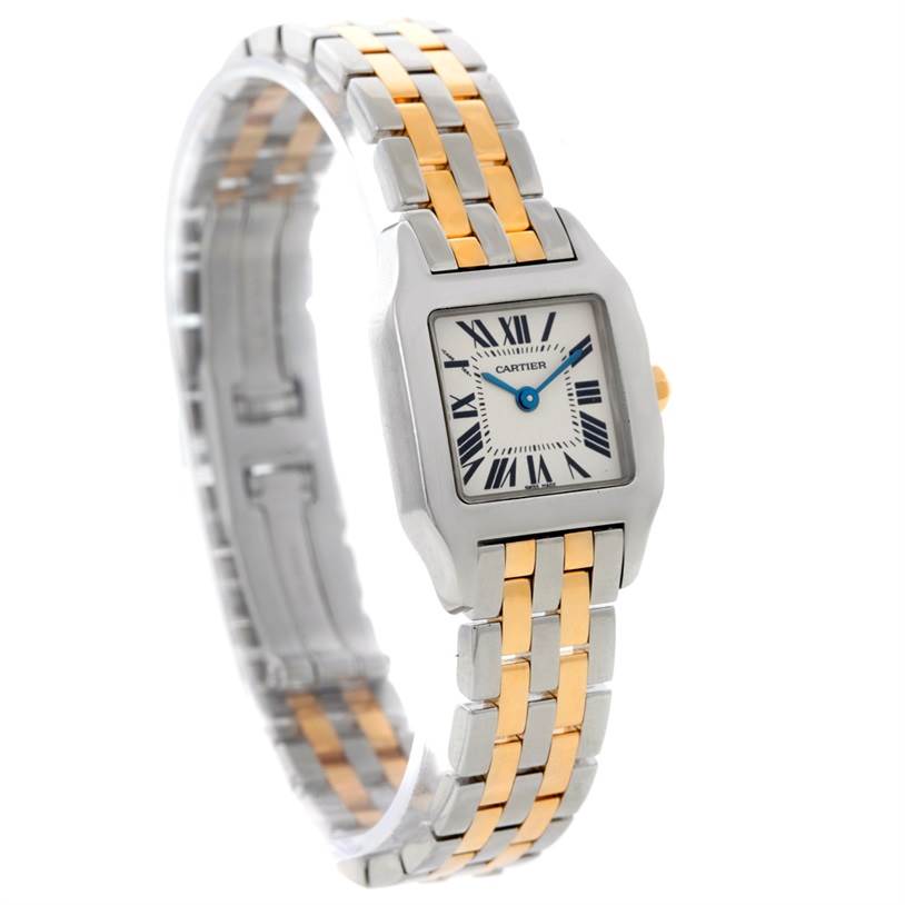 The Cartier Santos Demoiselle W25066Z6 Women's Steel and Gold (two tone) Silver Dial W25066Z6 Women's Steel and Gold (two tone) Silver Dial watch is shown at an angled side view, highlighting the face, bezel, crown, and bracelet.