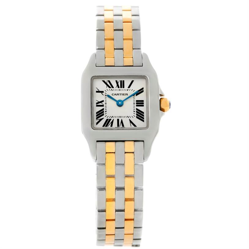 The Cartier Santos Demoiselle W25066Z6 Women's Steel and Gold (two tone) Silver Dial W25066Z6 Women's Steel and Gold (two tone) Silver Dial watch is shown from the front, displaying the face, bracelet, and crown.