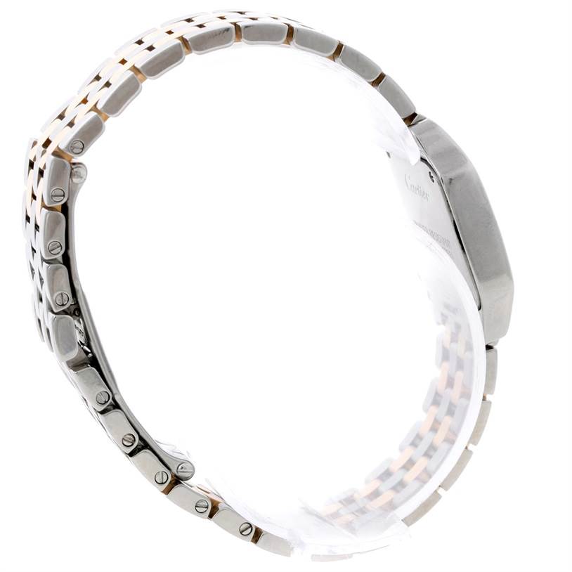 The image shows a side view of a Cartier Santos Demoiselle W25066Z6 Women's Steel and Gold (two tone) Silver Dial W25066Z6 Women's Steel and Gold (two tone) Silver Dial watch, highlighting its metal bracelet and side profile.