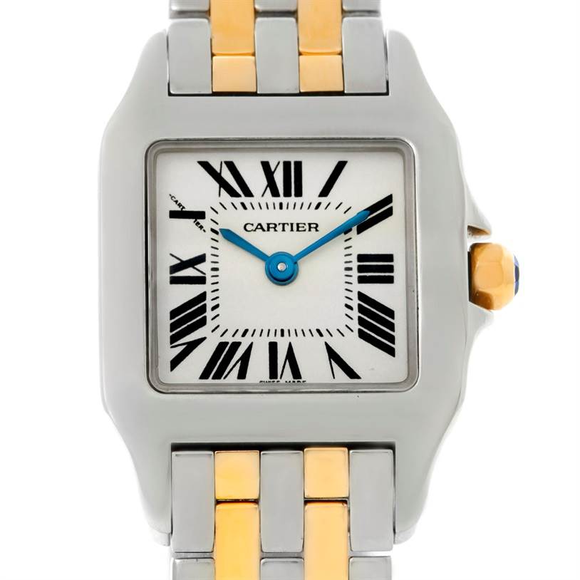 This image shows a front view of the Cartier Santos Demoiselle W25066Z6 Women's Steel and Gold (two tone) Silver Dial W25066Z6 Women's Steel and Gold (two tone) Silver Dial watch, highlighting its face and two-tone bracelet.