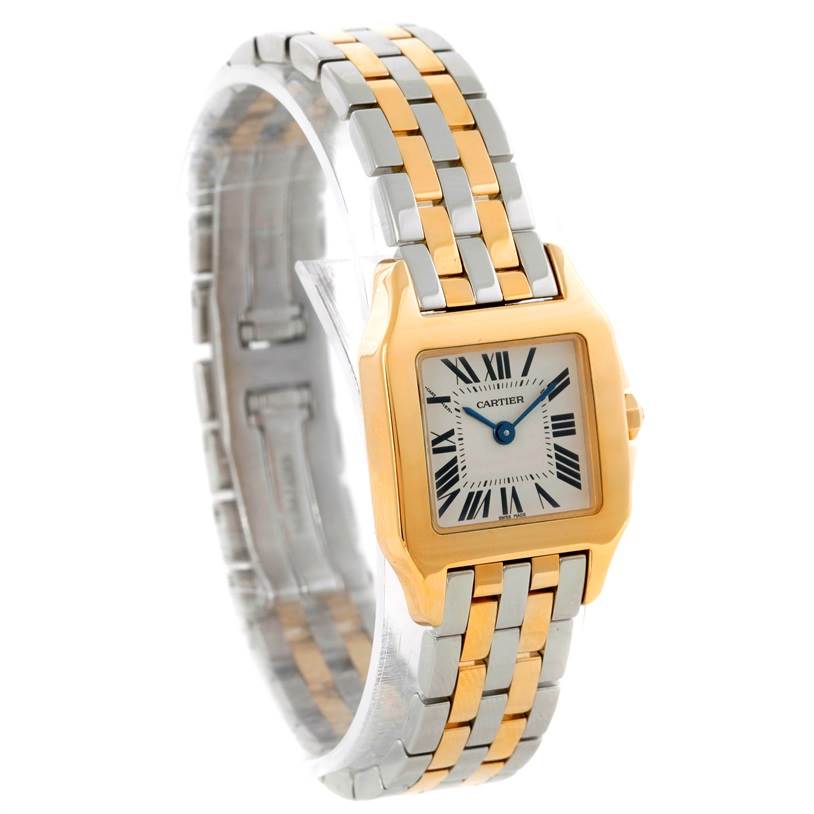 The image shows a Cartier Santos Demoiselle W25063Z6 Women's Yellow Gold Silver Dial W25063Z6 Women's Yellow Gold Silver Dial watch at an angle, focusing on the face, bezel, and two-tone metal bracelet.