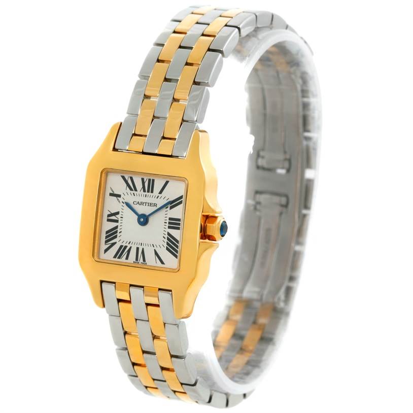 The image shows a Cartier Santos Demoiselle W25063Z6 Women's Yellow Gold Silver Dial W25063Z6 Women's Yellow Gold Silver Dial watch from a front angle, highlighting its two-tone band and square face.