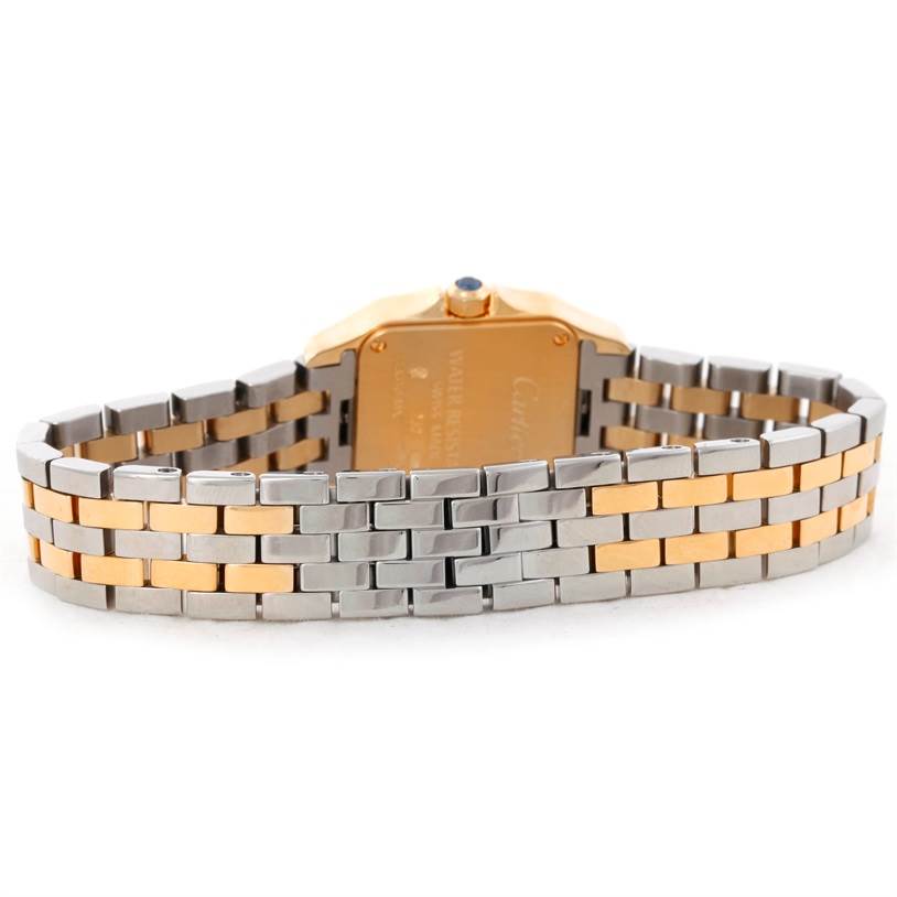 This image shows the back view of the Cartier Santos Demoiselle W25063Z6 Women's Yellow Gold Silver Dial W25063Z6 Women's Yellow Gold Silver Dial watch, highlighting its two-toned metal bracelet and case back.