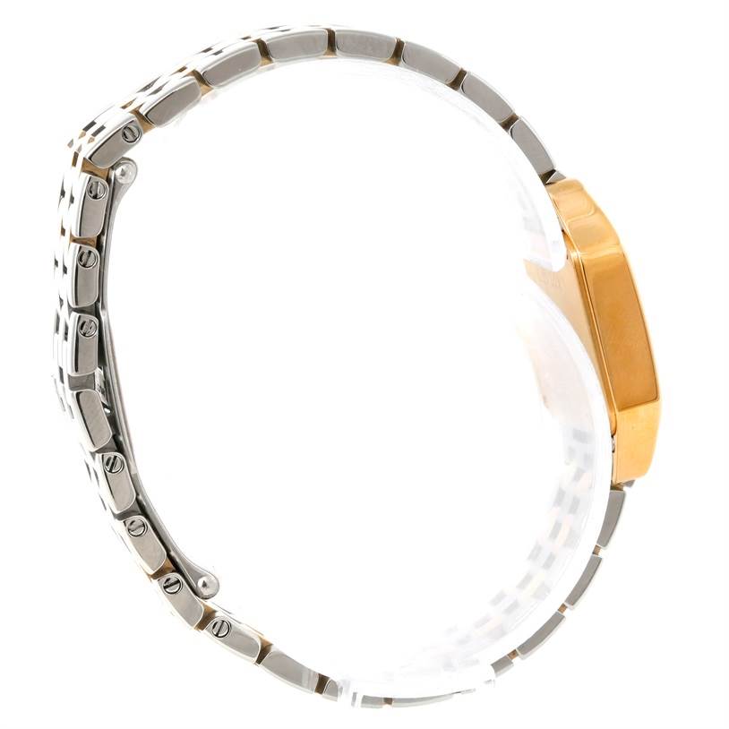 The image shows a side view of the Santos Demoiselle watch by Cartier, highlighting the bracelet and the side of the case.