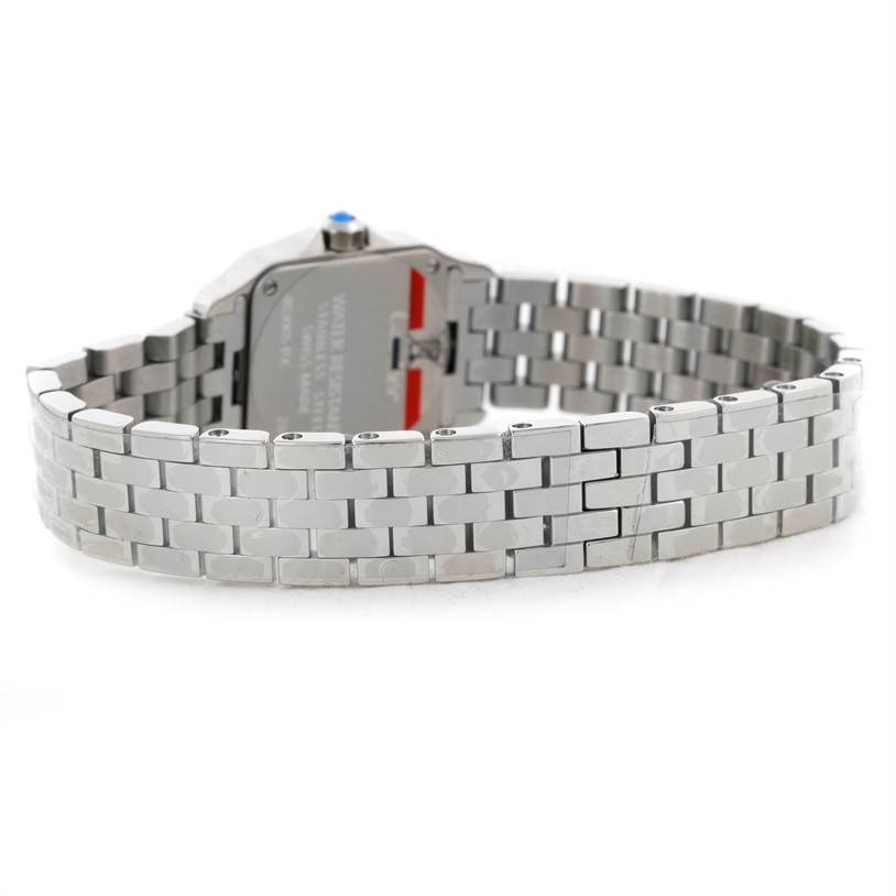 The image shows the back view of the Cartier Santos Demoiselle W25064Z5 Women
s Stainless Steel Silver Dial W25064Z5 Women
s Stainless Steel Silver Dial watch, highlighting its metal bracelet and clasp.