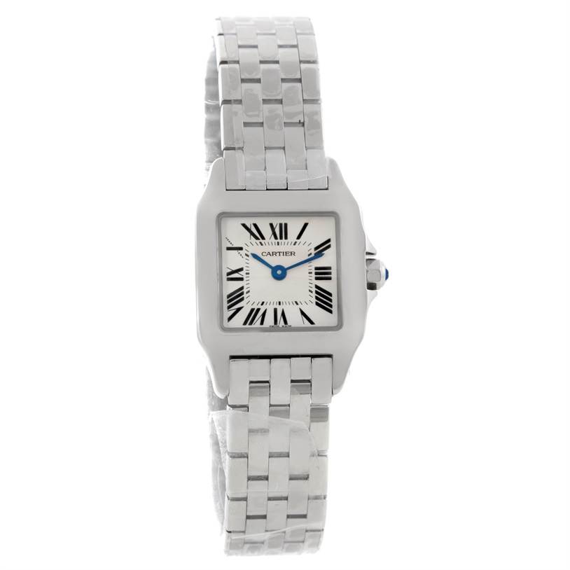 The image shows a front view of the Cartier Santos Demoiselle W25064Z5 Women
s Stainless Steel Silver Dial W25064Z5 Women
s Stainless Steel Silver Dial watch, highlighting its face and metal band.