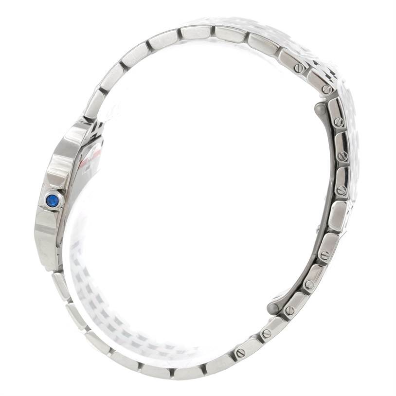 This side view of the Cartier Santos Demoiselle W25064Z5 Women's Stainless Steel Silver Dial W25064Z5 Women's Stainless Steel Silver Dial model showcases the watch's band, crown, and case.