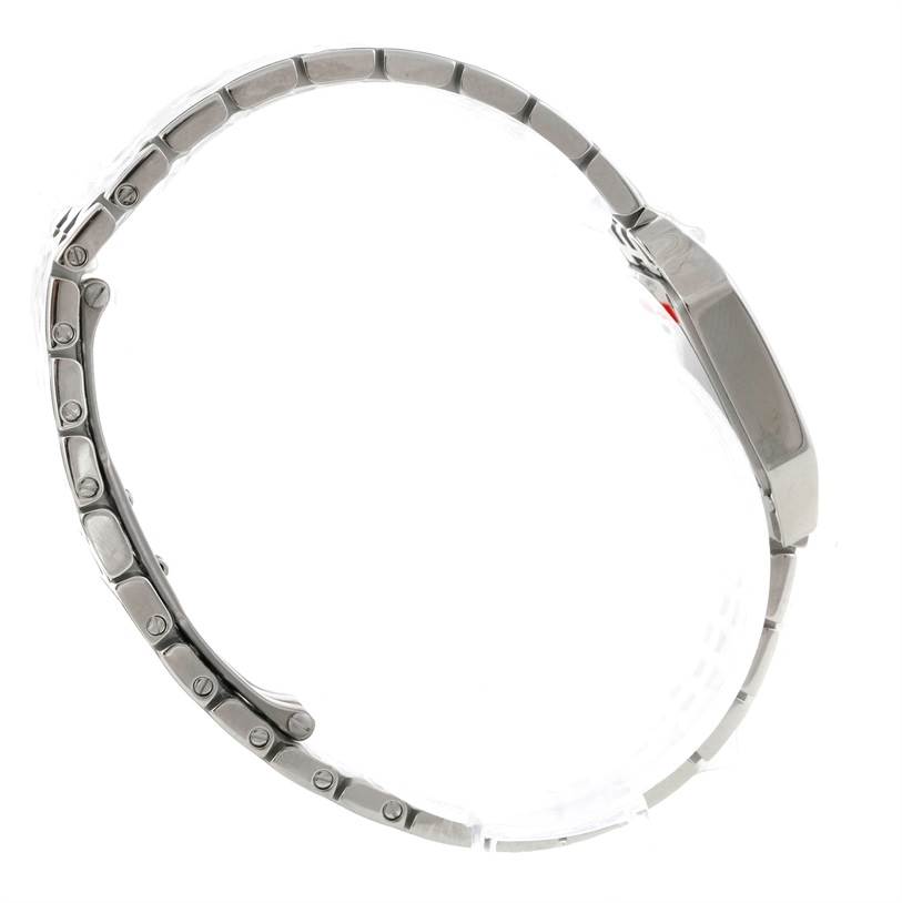 This Cartier Santos Demoiselle W25064Z5 Women's Stainless Steel Silver Dial W25064Z5 Women's Stainless Steel Silver Dial watch is shown from a side angle, highlighting the bracelet and case.