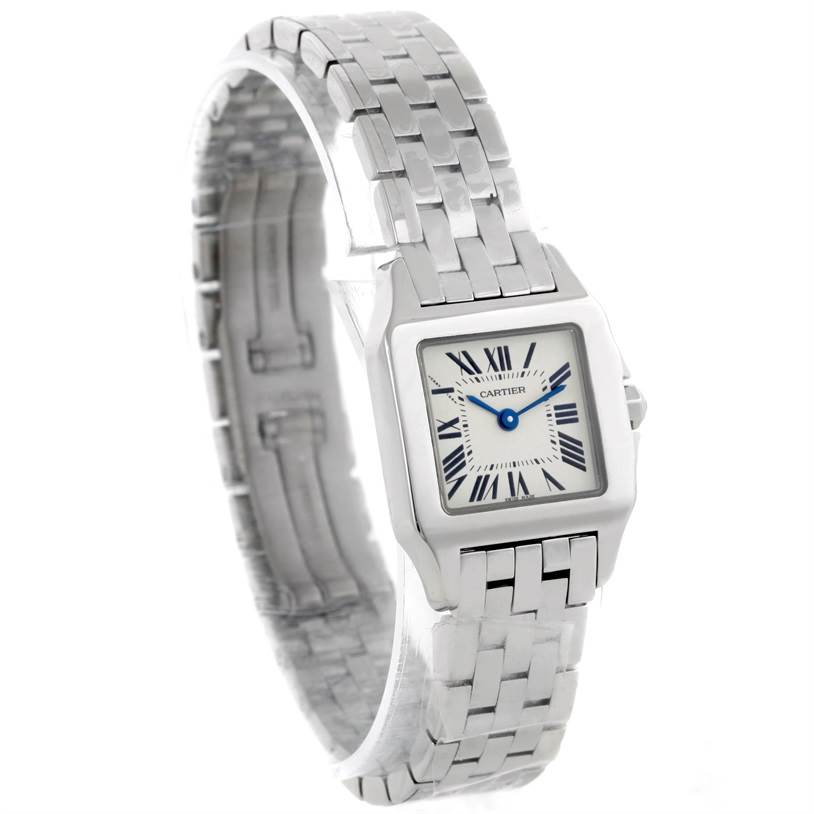 This image shows a Cartier Santos Demoiselle W25064Z5 Women's Stainless Steel Silver Dial W25064Z5 Women's Stainless Steel Silver Dial watch from a front angle, highlighting the face and linked bracelet.