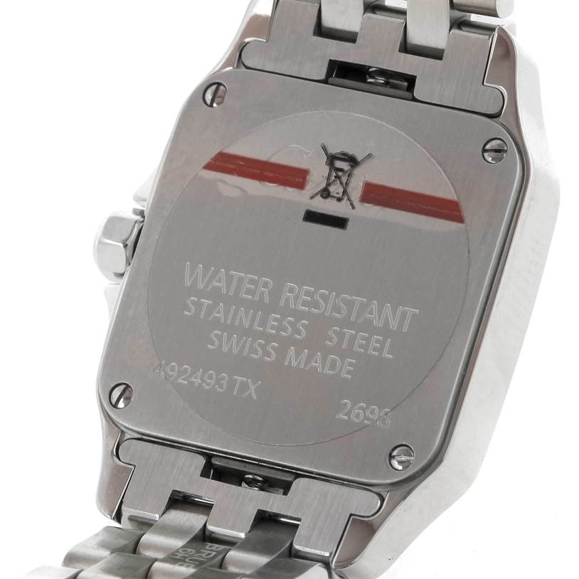 The image shows the back of the Cartier Santos Demoiselle W25064Z5 Women's Stainless Steel Silver Dial W25064Z5 Women's Stainless Steel Silver Dial watch, including the case back and part of the bracelet.