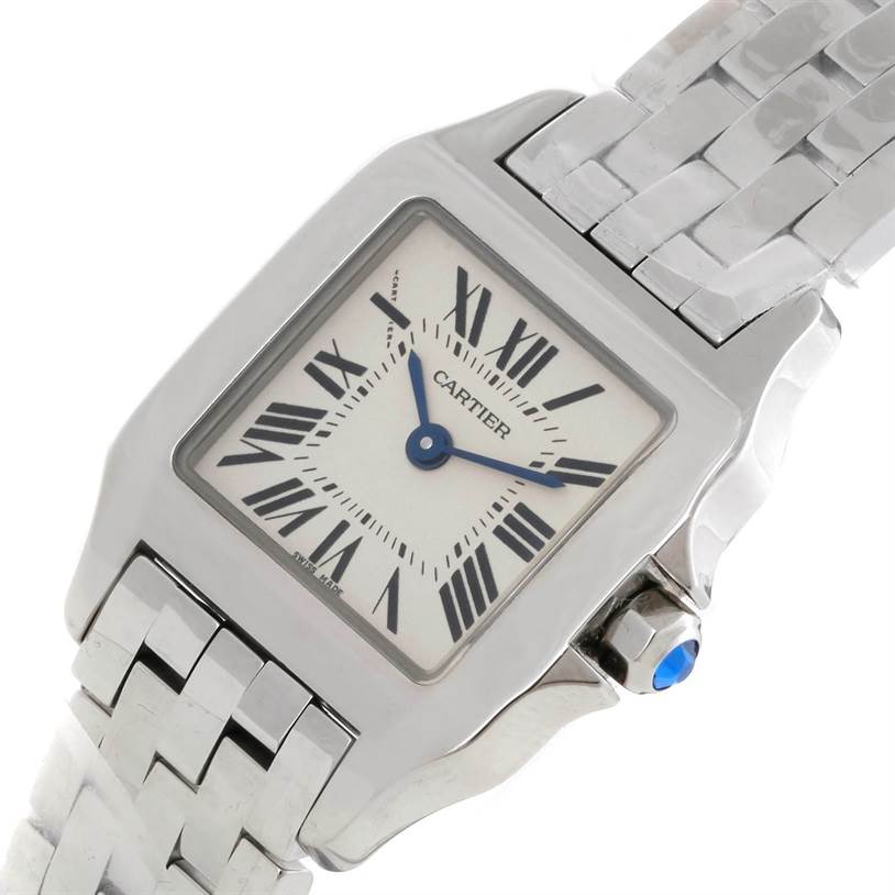 The Cartier Santos Demoiselle W25064Z5 Women's Stainless Steel Silver Dial W25064Z5 Women's Stainless Steel Silver Dial watch is shown from a diagonal angle, highlighting the face, bezel, and part of the bracelet.