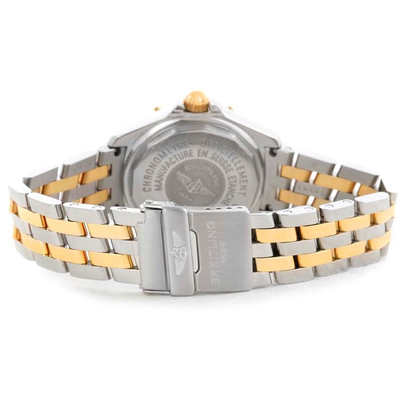This image shows the back and bracelet of the Breitling D71365 Women's Steel and Gold (two tone) Mother of Pearl Dial D71365 Women's Steel and Gold (two tone) Mother of Pearl Dial Ladies Steel 18K Yellow Gold MOP Dial Diamond Watch D71365 model.